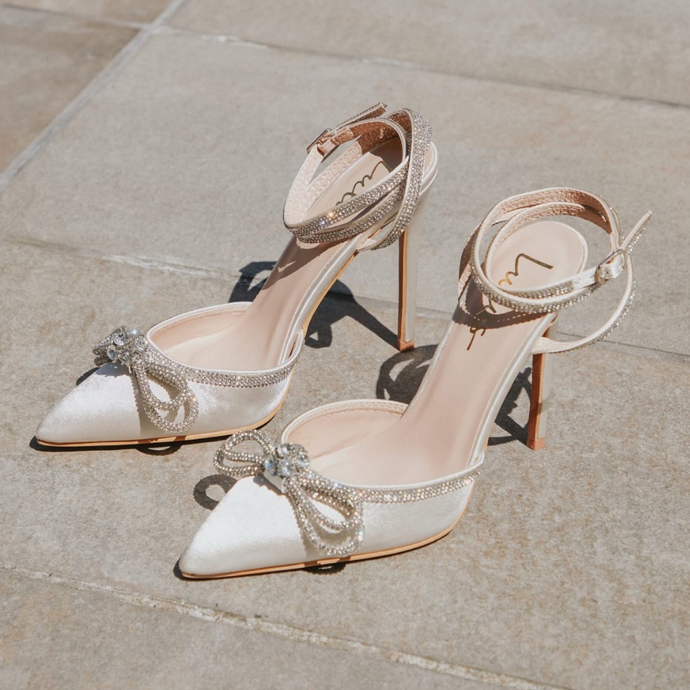 Lulu's Ivory Satin Heels with Rhinestone Bow